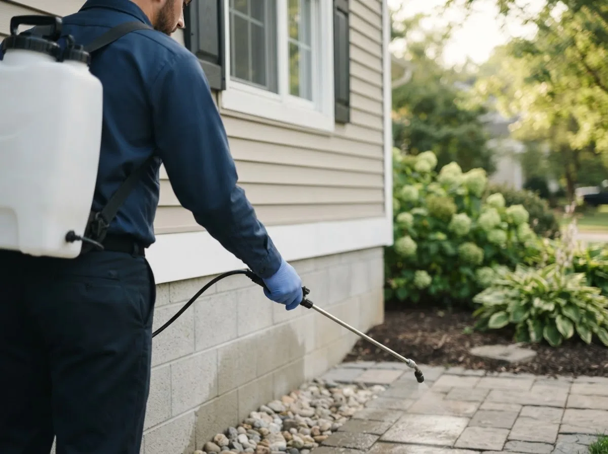 Pest control technician inspecting a home in Moshannon, PA
